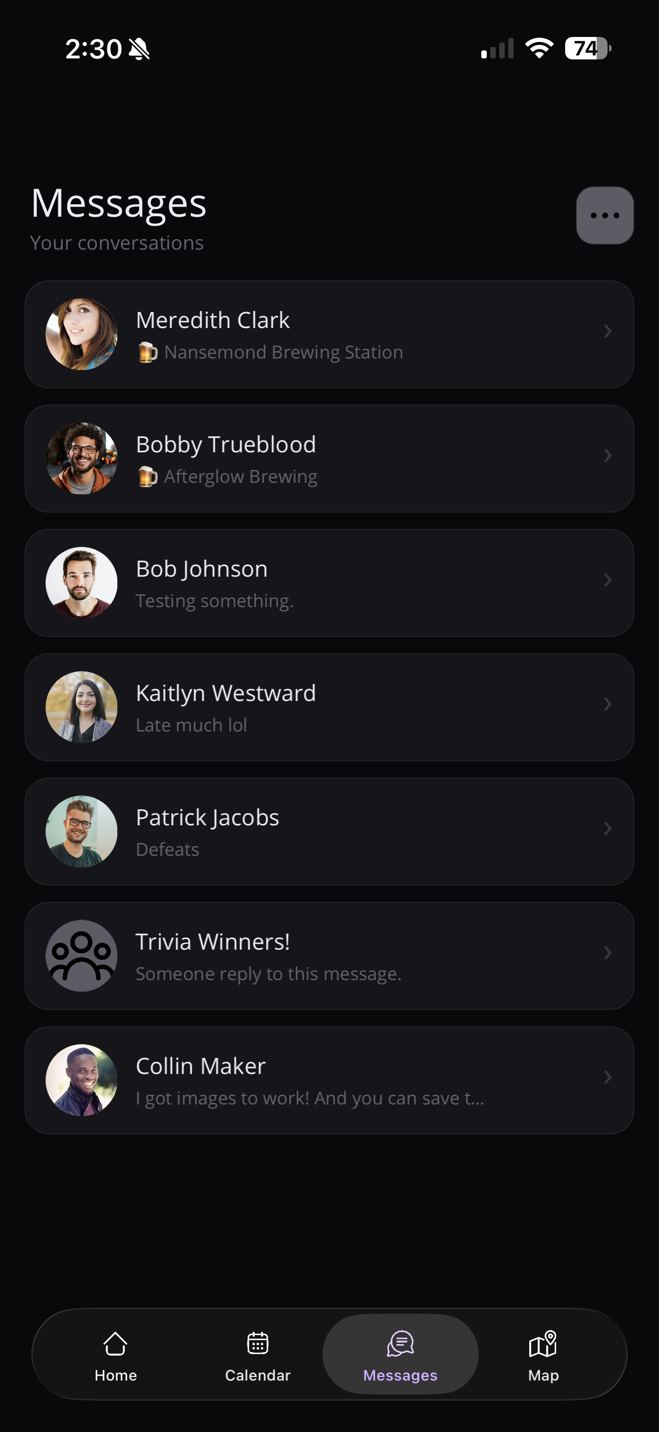 HopWire messages screen