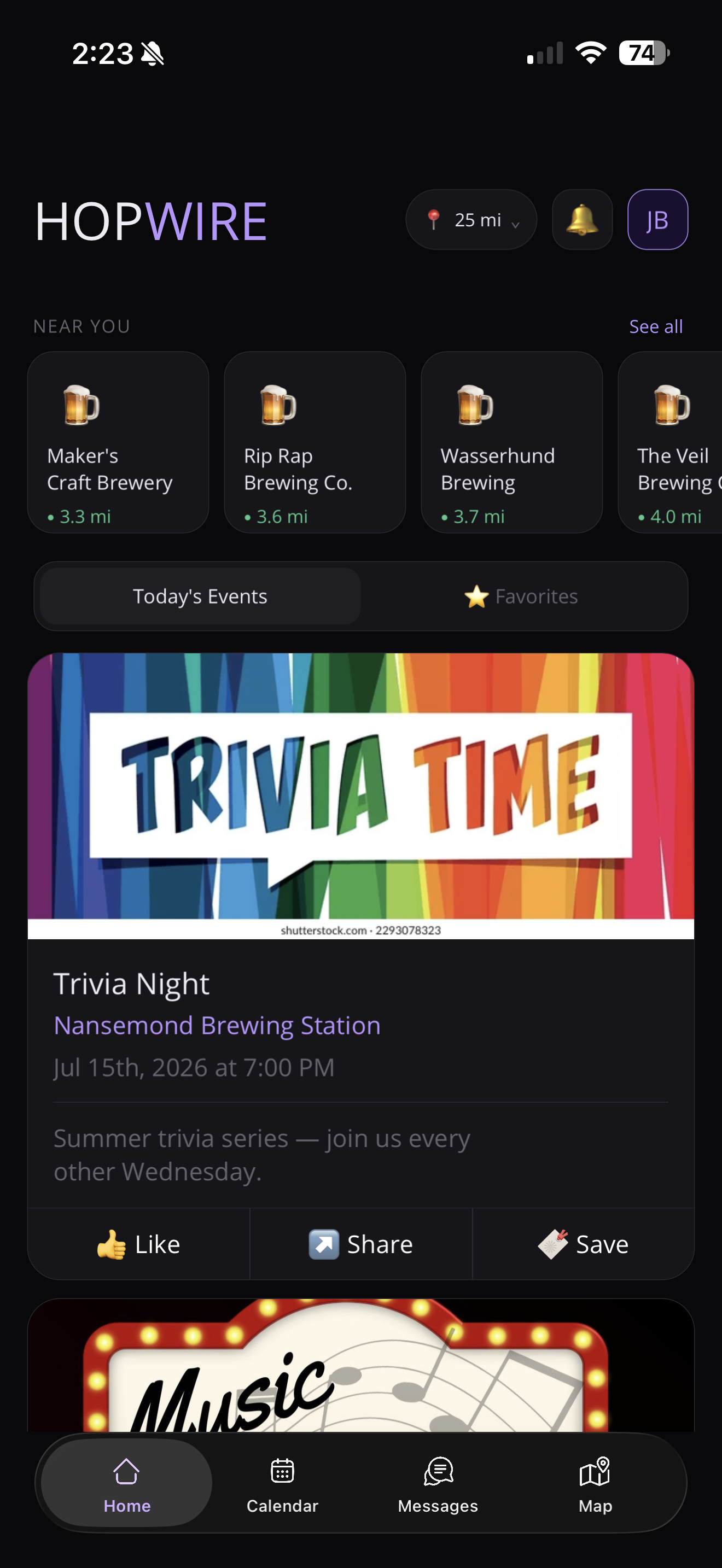 HopWire discover screen showing nearby breweries & events for the day.